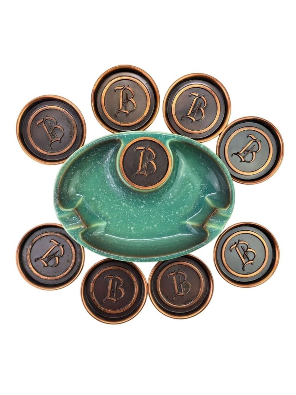 Vintage Roseville Green Ashtray Coaster Set Monogram "B" Hyde Park 1950 Complete